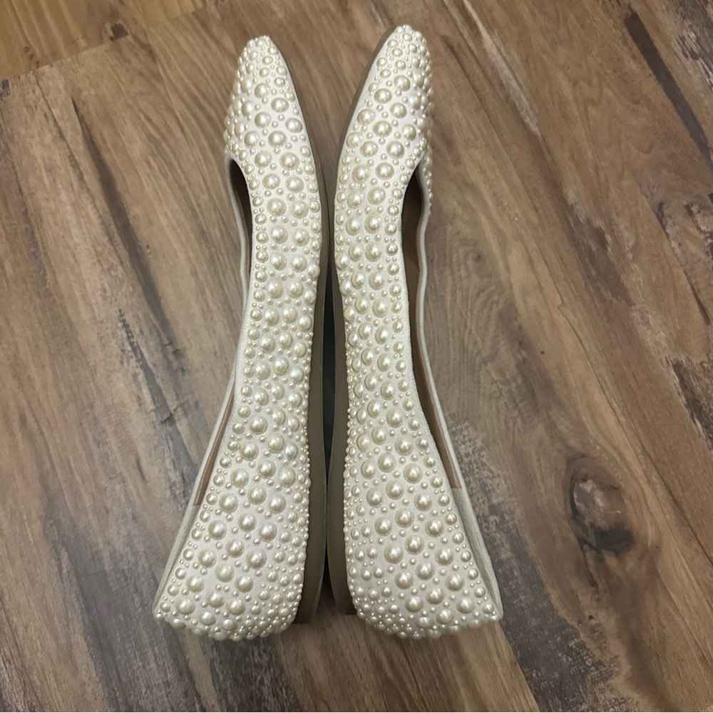 Cream Off White Pearl Beaded Square Toe Ballet Flats - Picture 6 of 8